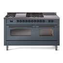 ILVE Nostalgie II 60-Inch Natural Gas Dual Fuel Range with 7 Burners, Griddle, & French Top with Triple Glass Door Oven in Blue Grey with Bronze Trim (UP60FSNMPBGB)