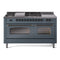 ILVE Nostalgie II 60-Inch Natural Gas Dual Fuel Range with 7 Burners, Griddle, & French Top with Triple Glass Door Oven in Blue Grey with Bronze Trim (UP60FSNMPBGB)
