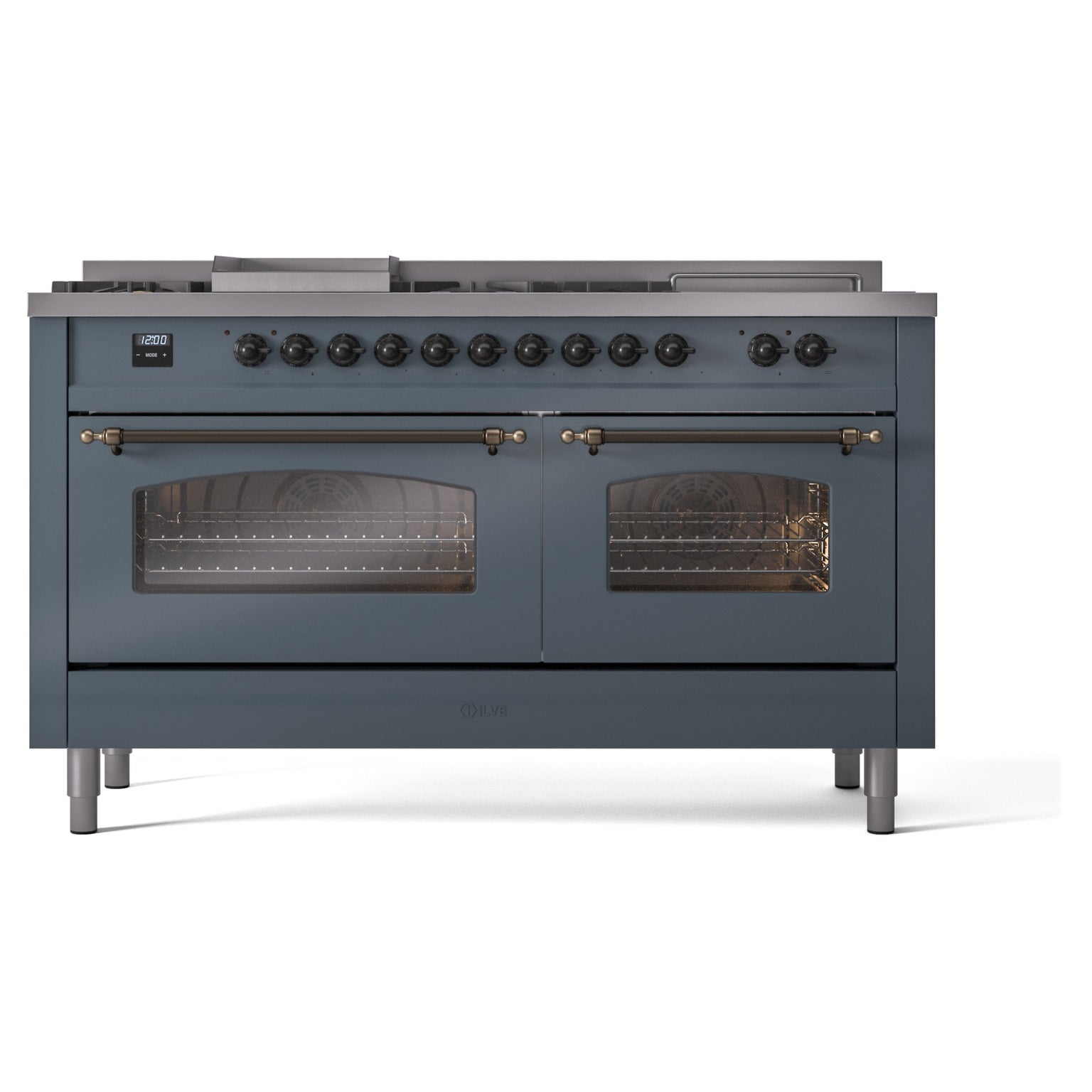 Blue-grey dual fuel gas range with bronze knobs, burner grates, and two glass oven doors