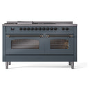 ILVE Nostalgie II 60-Inch Propane Gas Dual Fuel Range with 7 Burners, Griddle, & French Top with Triple Glass Door Oven in Blue Grey with Bronze Trim (UP60FSNMPBGBLP)