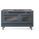 ILVE Nostalgie II 60-Inch Natural Gas Dual Fuel Range with 7 Burners, Griddle, & French Top with Triple Glass Door Oven in Blue Grey with Bronze Trim (UP60FSNMPBGB)