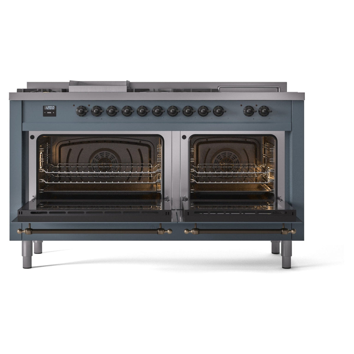 Blue gray dual fuel range with both oven doors open, showing metal racks inside