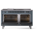 ILVE Nostalgie II 60-Inch Natural Gas Dual Fuel Range with 7 Burners, Griddle, & French Top with Triple Glass Door Oven in Blue Grey with Bronze Trim (UP60FSNMPBGB)