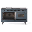 ILVE Nostalgie II 60-Inch Propane Gas Dual Fuel Range with 7 Burners, Griddle, & French Top with Triple Glass Door Oven in Blue Grey with Bronze Trim (UP60FSNMPBGBLP)