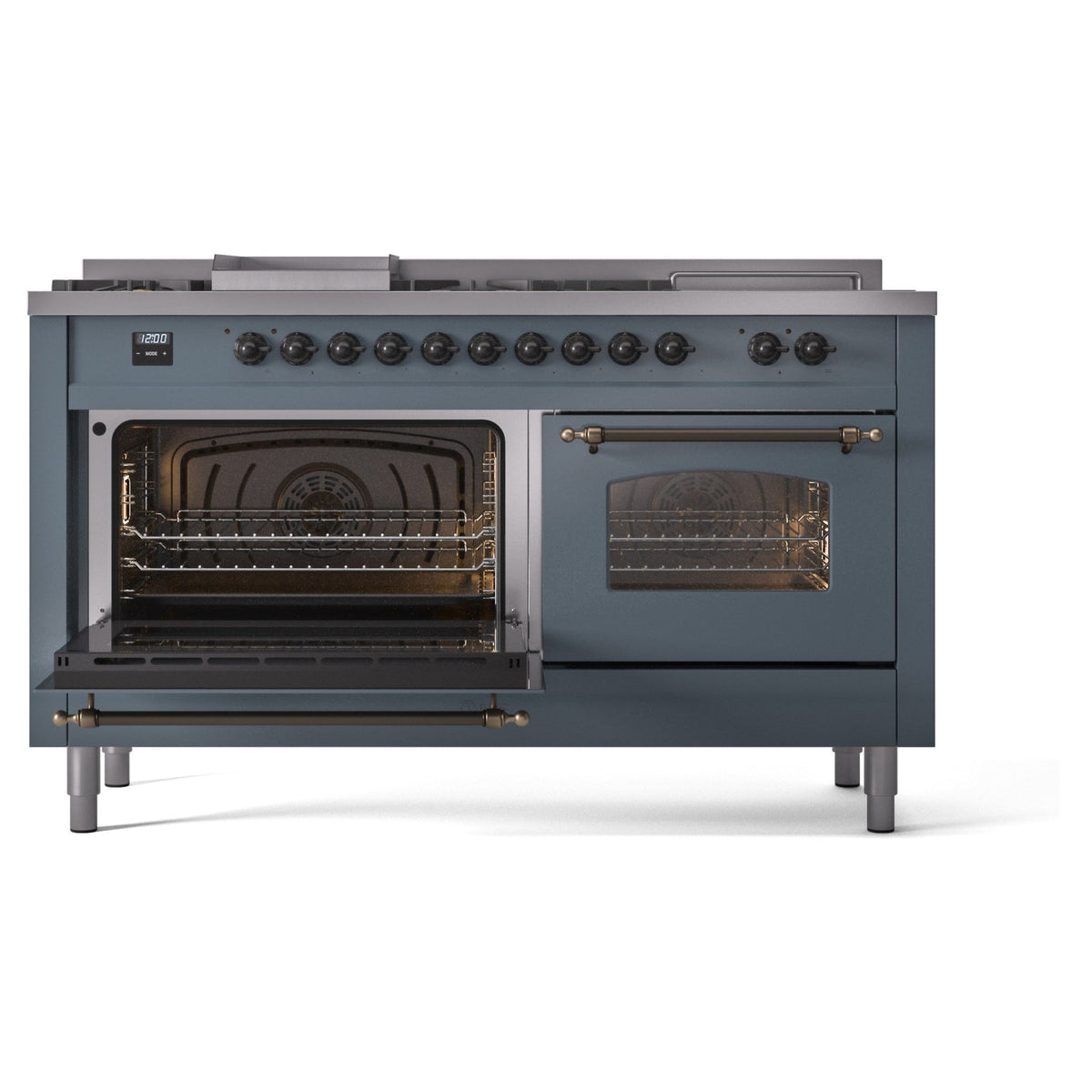 Blue gray dual fuel range with left oven open, right glass door, and burner knobs above