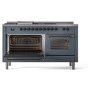 ILVE Nostalgie II 60-Inch Natural Gas Dual Fuel Range with 7 Burners, Griddle, & French Top with Triple Glass Door Oven in Blue Grey with Bronze Trim (UP60FSNMPBGB)