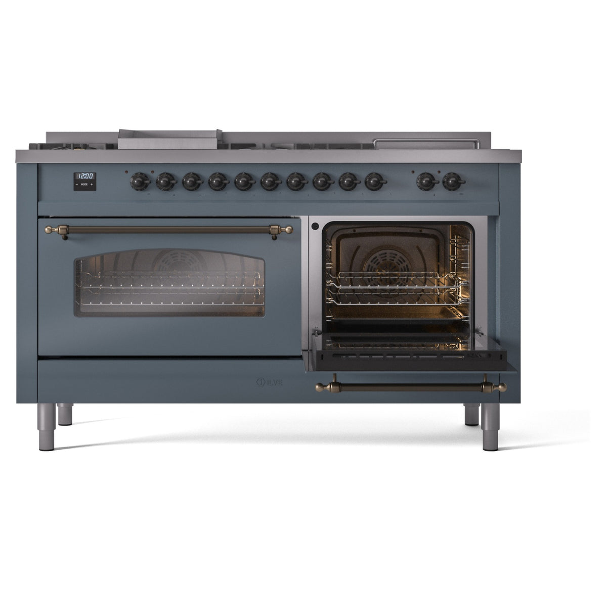 Dual fuel gas range with right oven open and left oven door closed; blue-grey body