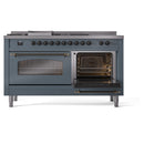ILVE Nostalgie II 60-Inch Propane Gas Dual Fuel Range with 7 Burners, Griddle, & French Top with Triple Glass Door Oven in Blue Grey with Bronze Trim (UP60FSNMPBGBLP)