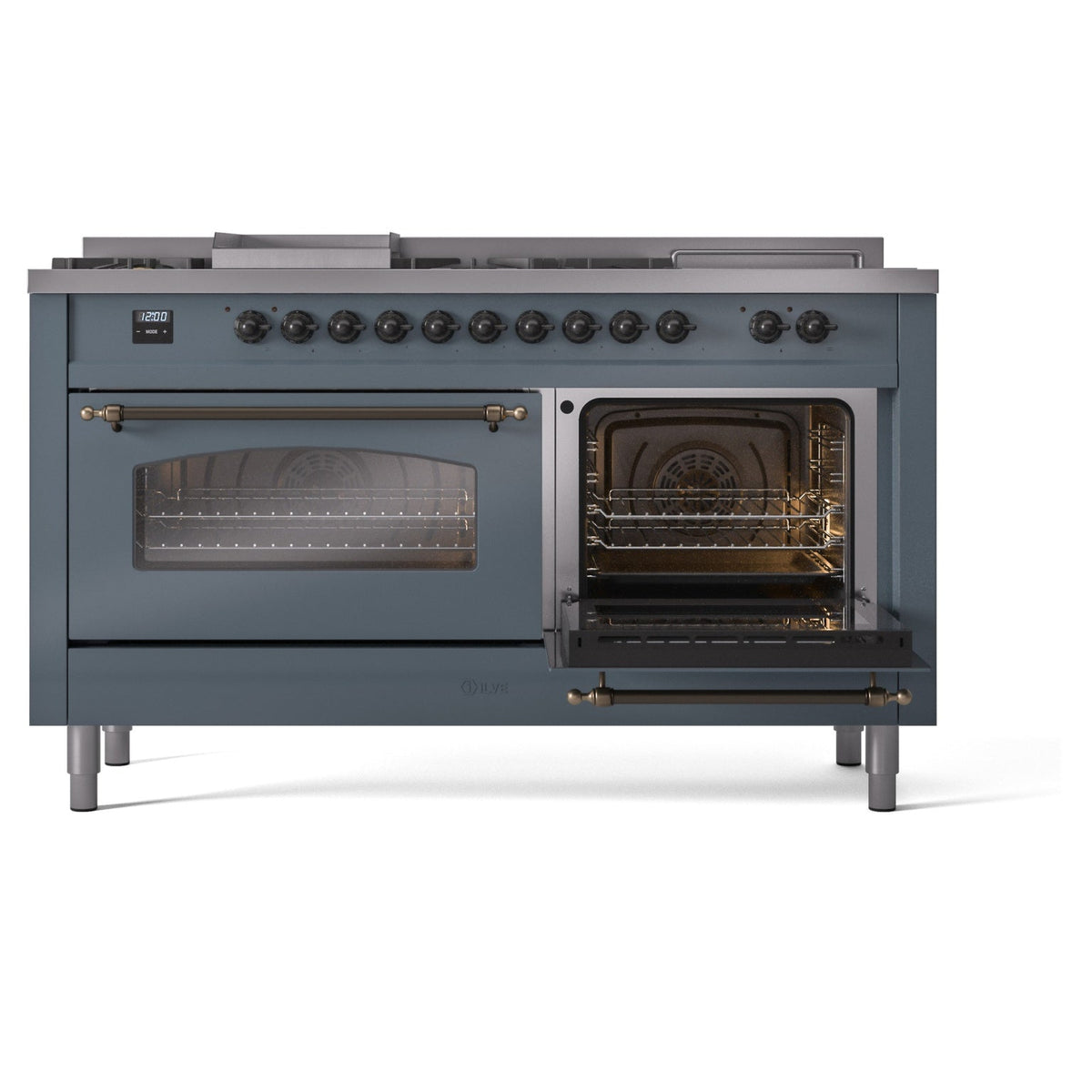 Blue gray dual fuel range with right oven open and control knobs across the top
