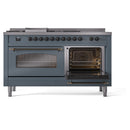 ILVE Nostalgie II 60-Inch Natural Gas Dual Fuel Range with 7 Burners, Griddle, & French Top with Triple Glass Door Oven in Blue Grey with Bronze Trim (UP60FSNMPBGB)