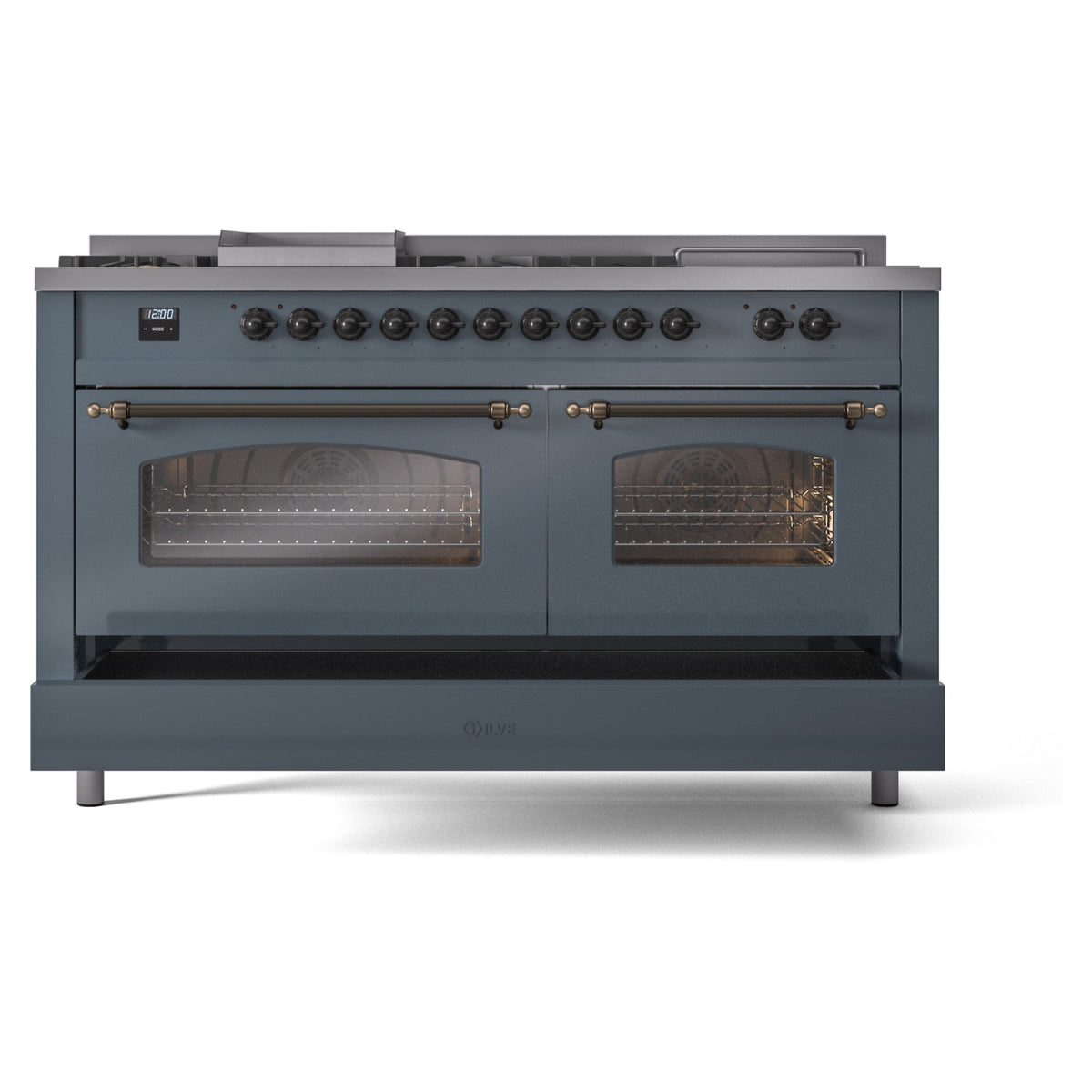 Blue-grey dual fuel gas range with bronze handles, glass doors, and front burner control panel