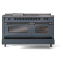 ILVE Nostalgie II 60-Inch Propane Gas Dual Fuel Range with 7 Burners, Griddle, & French Top with Triple Glass Door Oven in Blue Grey with Bronze Trim (UP60FSNMPBGBLP)