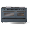 ILVE Nostalgie II 60-Inch Natural Gas Dual Fuel Range with 7 Burners, Griddle, & French Top with Triple Glass Door Oven in Blue Grey with Bronze Trim (UP60FSNMPBGB)