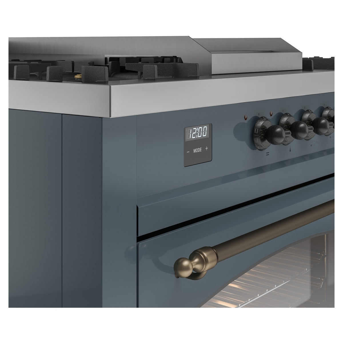 Dual fuel range control panel close-up with digital display and bronze rotary knobs