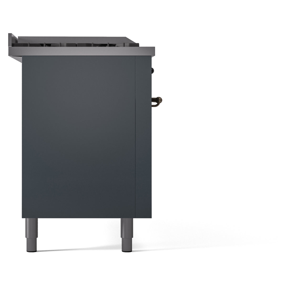Side panel of blue-grey dual fuel gas range with rear overhang and mounting feet