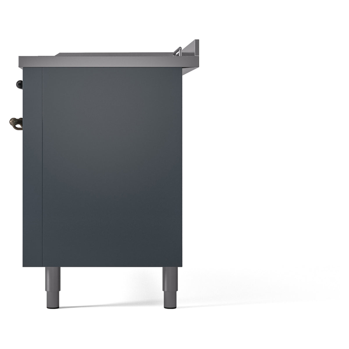 Rear side panel view of blue-grey dual fuel gas range with four leveling feet