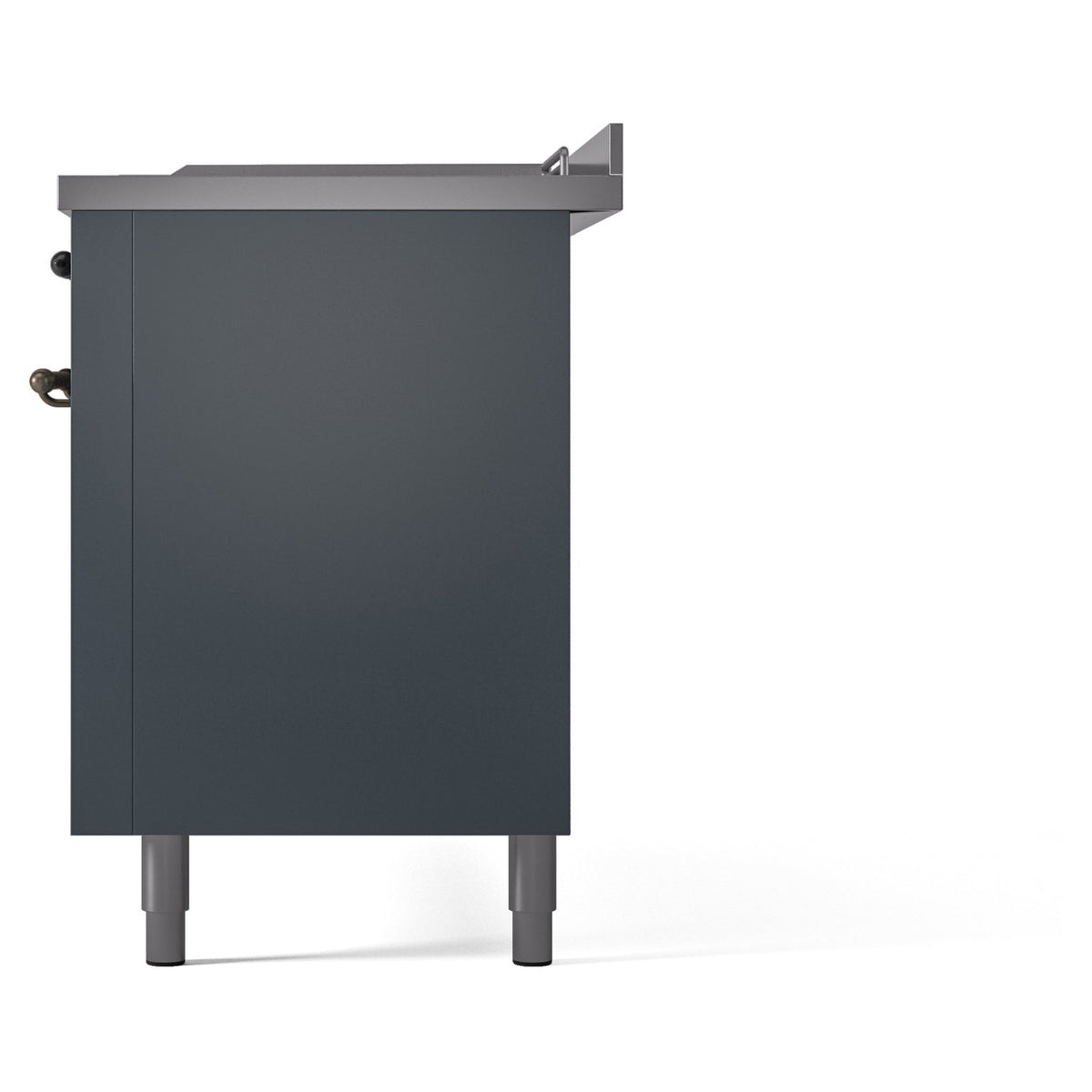 Blue gray dual fuel range side panel with rear top vent and adjustable legs
