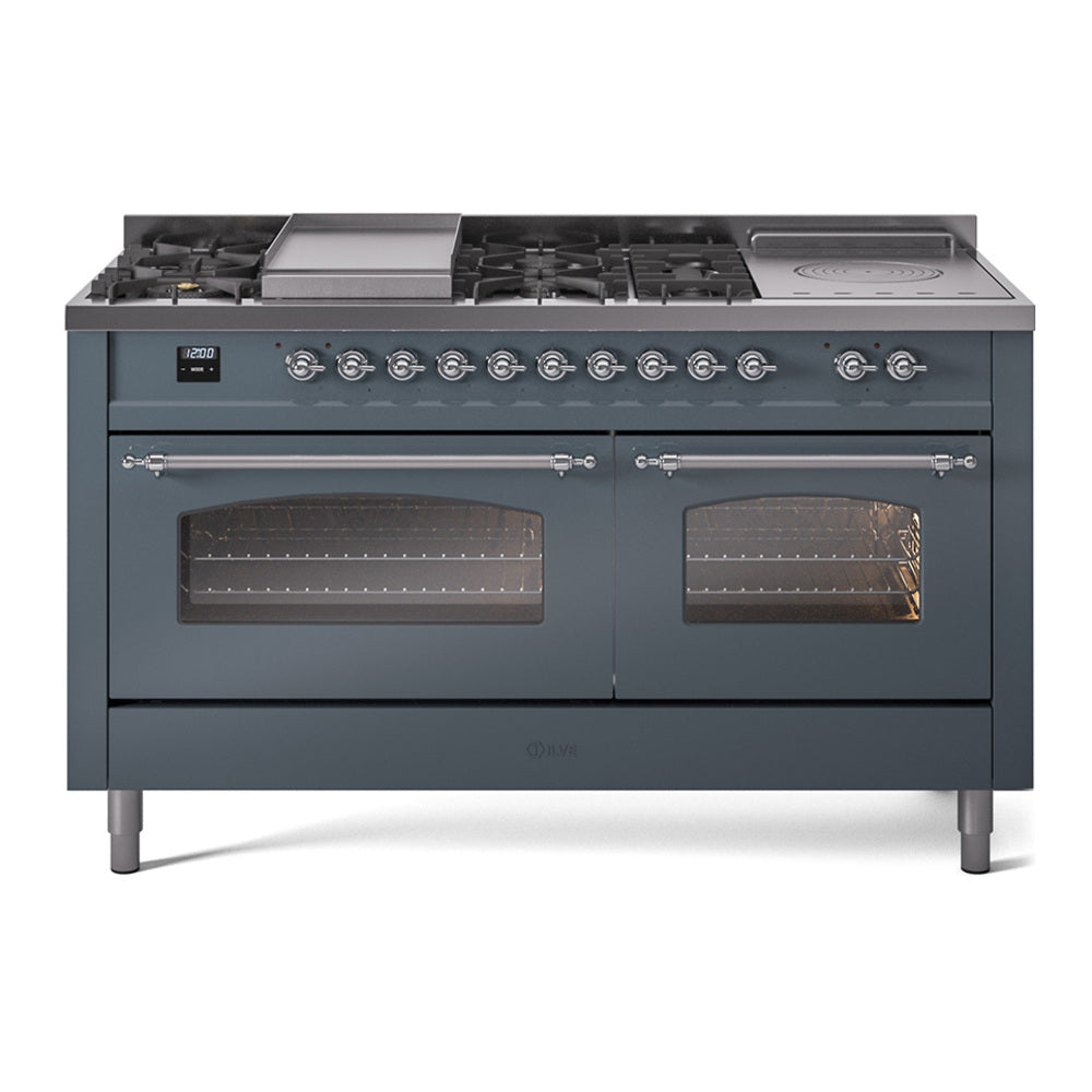Blue grey dual fuel gas range with 7 burners, griddle, French top, double glass doors