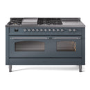 ILVE Nostalgie II 60-Inch Propane Gas Dual Fuel Range with 7 Burners, Griddle, & French Top with Triple Glass Door Oven in Blue Grey with Chrome Trim (UP60FSNMPBGCLP)