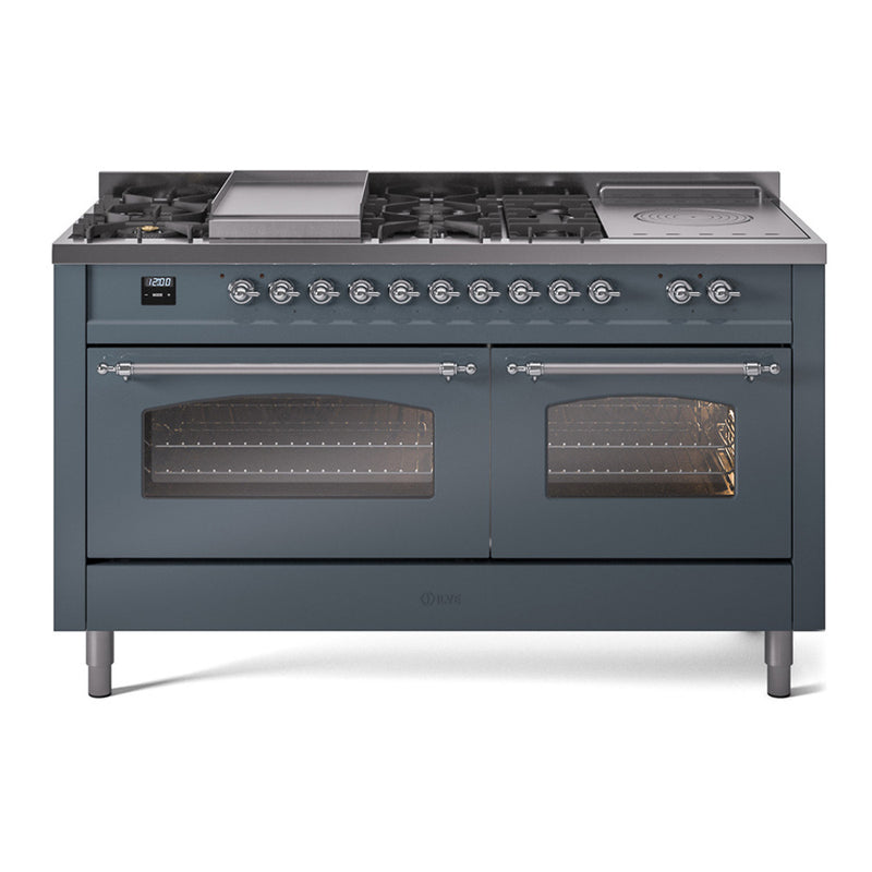 ILVE Nostalgie II 60-Inch Dual Fuel Range with 7 Burners, Griddle, & French Top with Triple Glass Door Oven in Blue Grey with Chrome Trim (UP60FSNMPBGC)