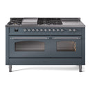 ILVE Nostalgie II 60-Inch Natural Gas Dual Fuel Range with 7 Burners, Griddle, & French Top with Triple Glass Door Oven in Blue Grey with Chrome Trim (UP60FSNMPBGC)