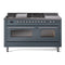 ILVE Nostalgie II 60-Inch Natural Gas Dual Fuel Range with 7 Burners, Griddle, & French Top with Triple Glass Door Oven in Blue Grey with Chrome Trim (UP60FSNMPBGC)