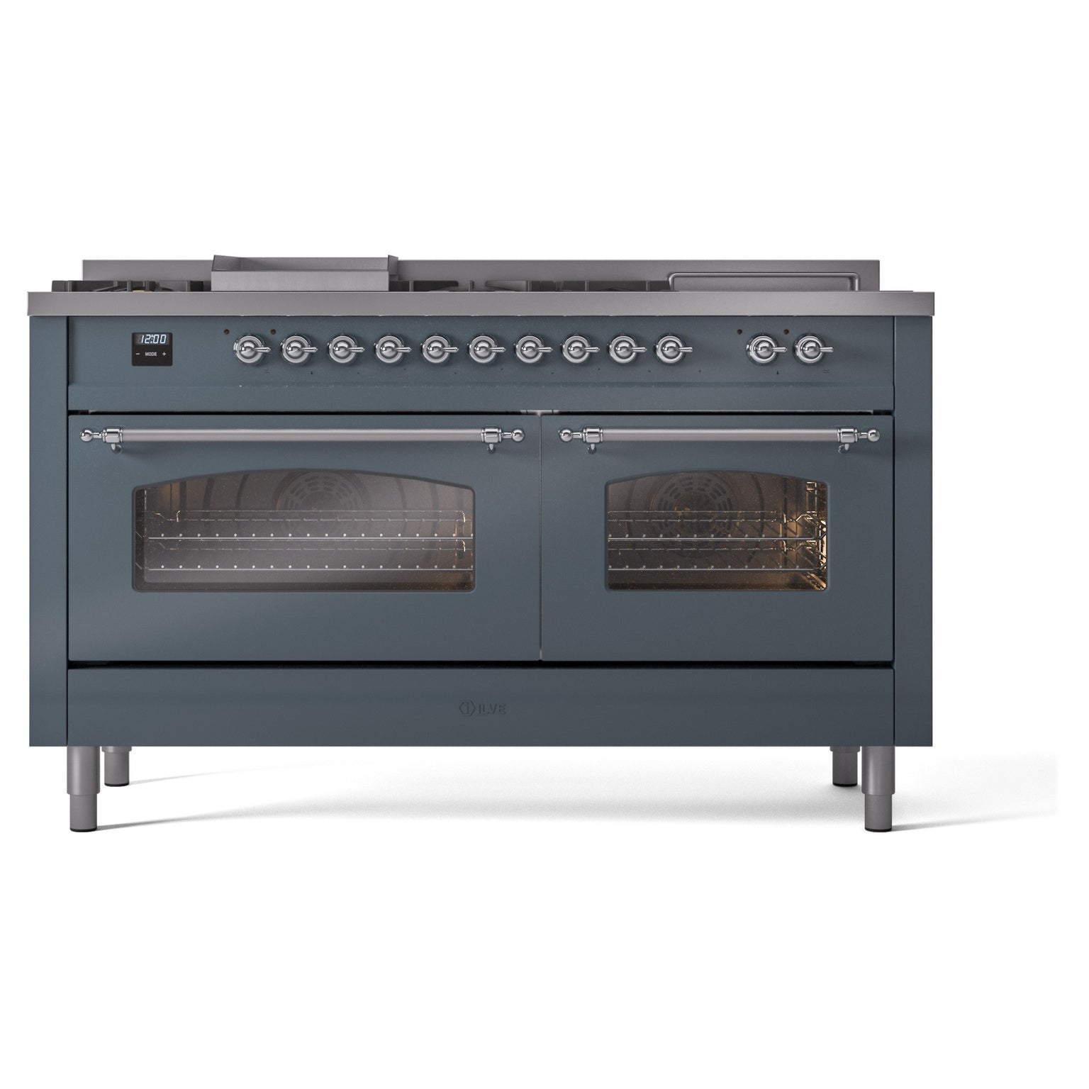 Blue grey dual fuel range with chrome trim, dual ovens, and control panel