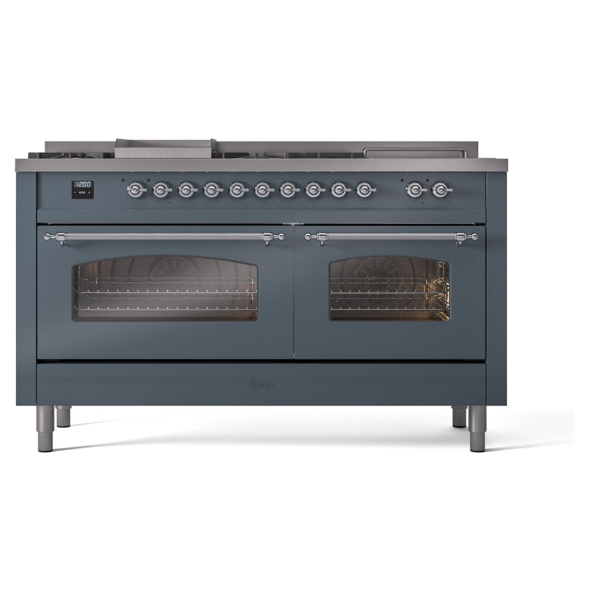 ILVE blue-grey dual fuel range with open front view of two glass ovens and burner controls