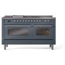ILVE Nostalgie II 60-Inch Natural Gas Dual Fuel Range with 7 Burners, Griddle, & French Top with Triple Glass Door Oven in Blue Grey with Chrome Trim (UP60FSNMPBGC)