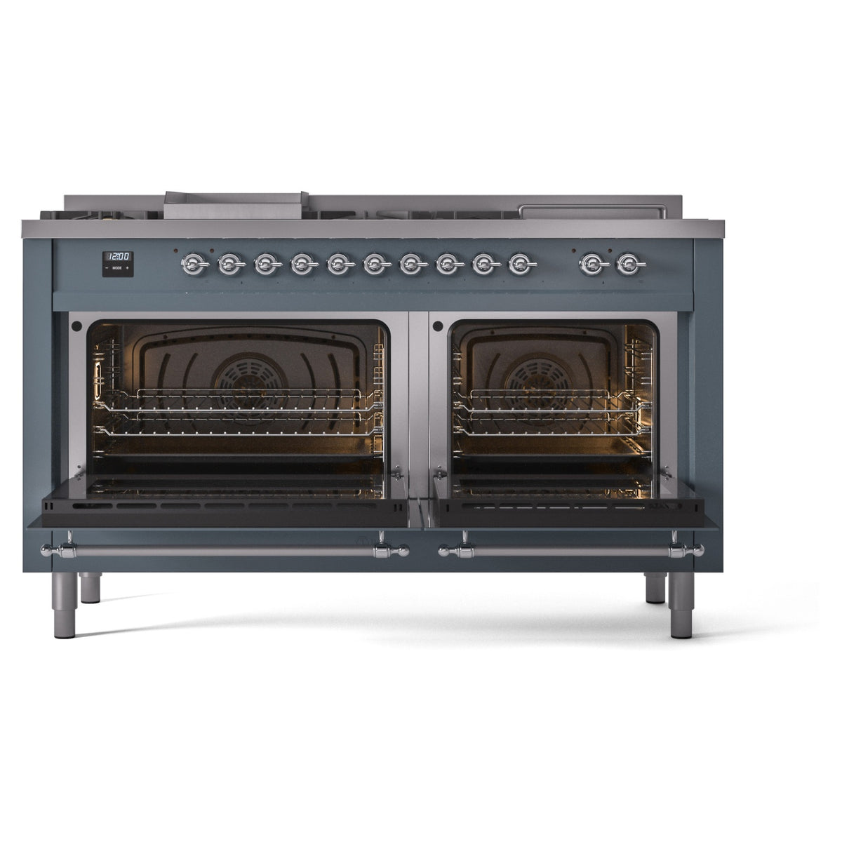Dual fuel range with two open oven doors showing racks and heating elements