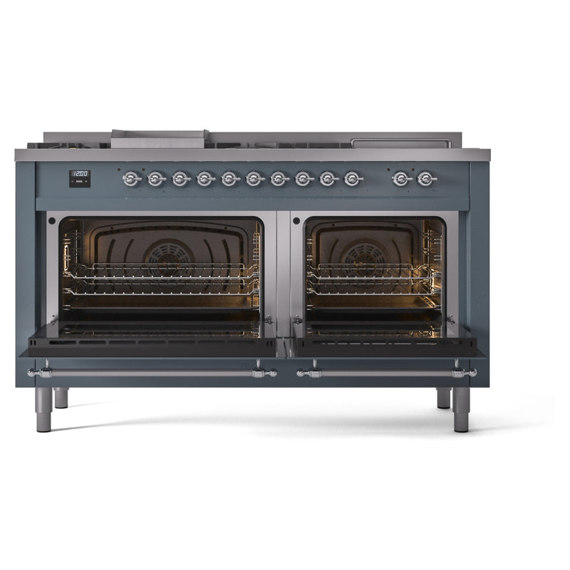 ILVE Nostalgie II 60-Inch Dual Fuel Range with 7 Burners, Griddle, & French Top with Triple Glass Door Oven in Blue Grey with Chrome Trim (UP60FSNMPBGC)