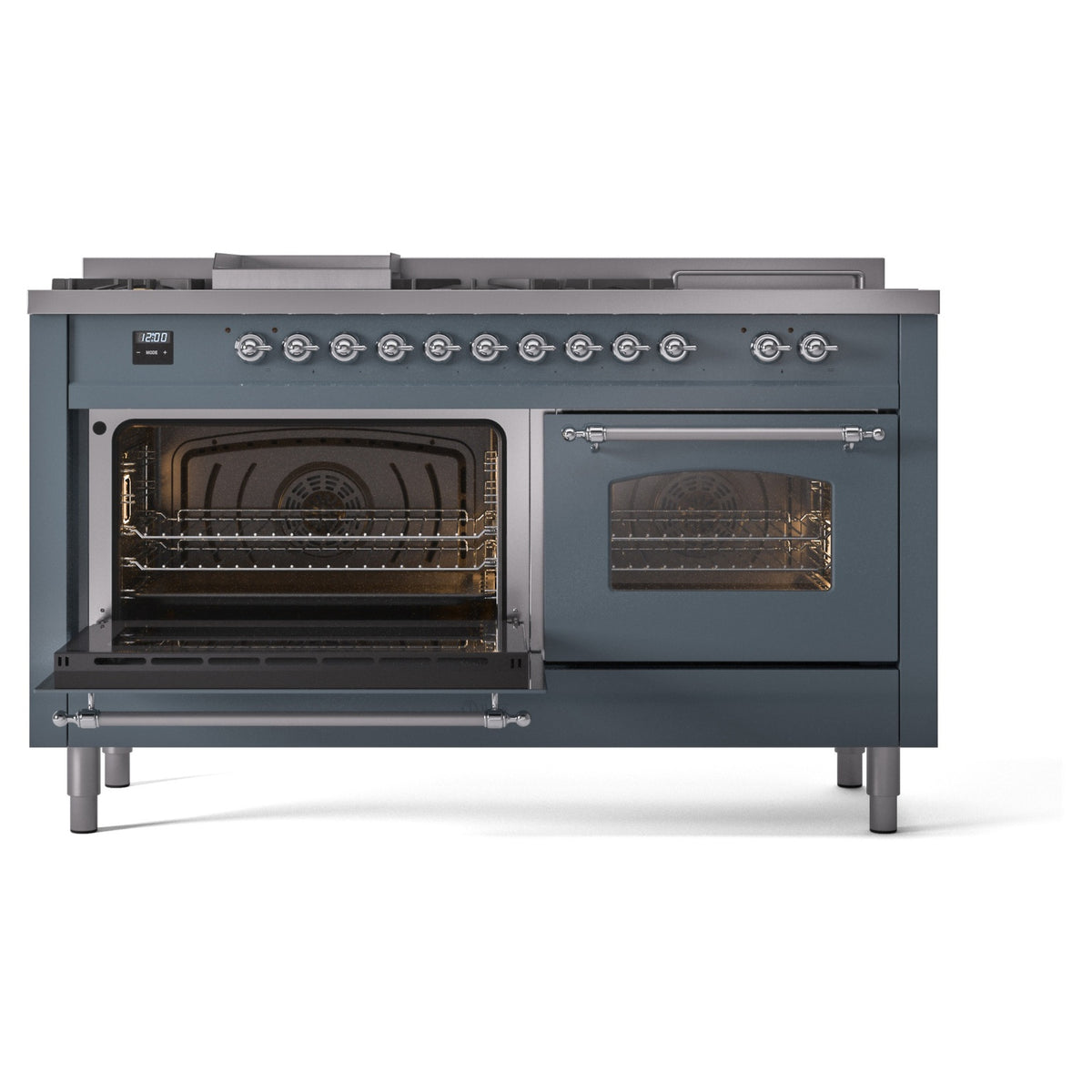 Blue grey dual fuel range with left and right oven doors open, chrome handles