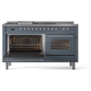 ILVE Nostalgie II 60-Inch Propane Gas Dual Fuel Range with 7 Burners, Griddle, & French Top with Triple Glass Door Oven in Blue Grey with Chrome Trim (UP60FSNMPBGCLP)
