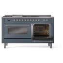 ILVE Nostalgie II 60-Inch Propane Gas Dual Fuel Range with 7 Burners, Griddle, & French Top with Triple Glass Door Oven in Blue Grey with Chrome Trim (UP60FSNMPBGCLP)