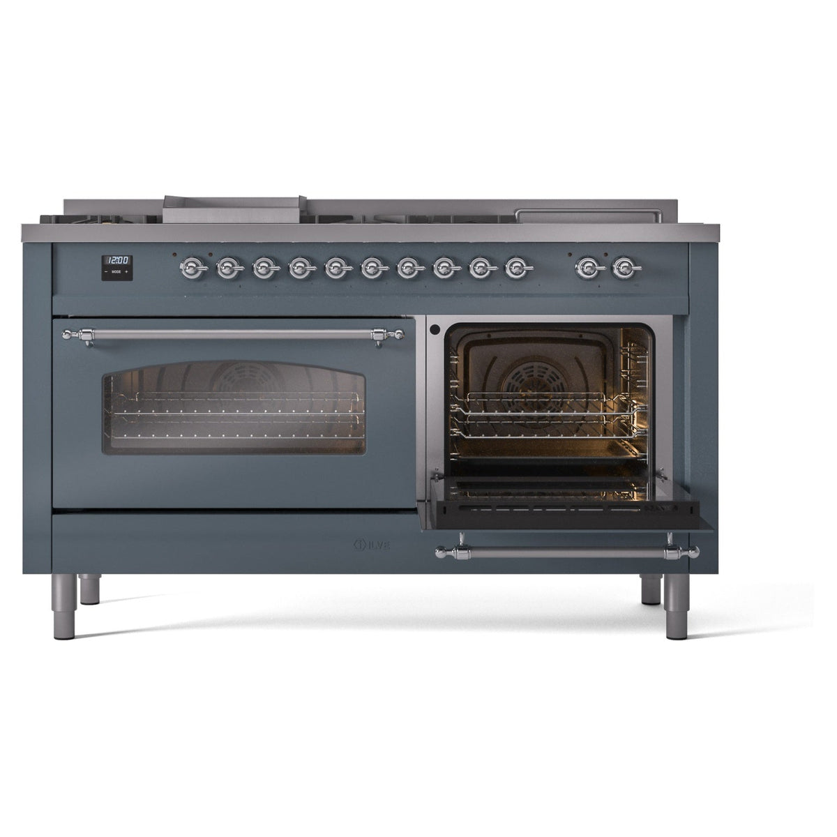 ILVE blue-grey dual fuel range with one open oven door and another oven door visible