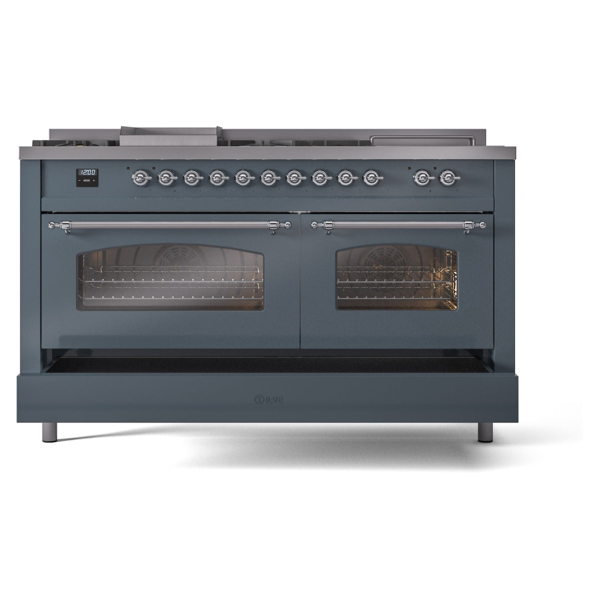 Blue grey dual fuel range with both oven doors open and racks visible