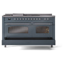 ILVE Nostalgie II 60-Inch Propane Gas Dual Fuel Range with 7 Burners, Griddle, & French Top with Triple Glass Door Oven in Blue Grey with Chrome Trim (UP60FSNMPBGCLP)