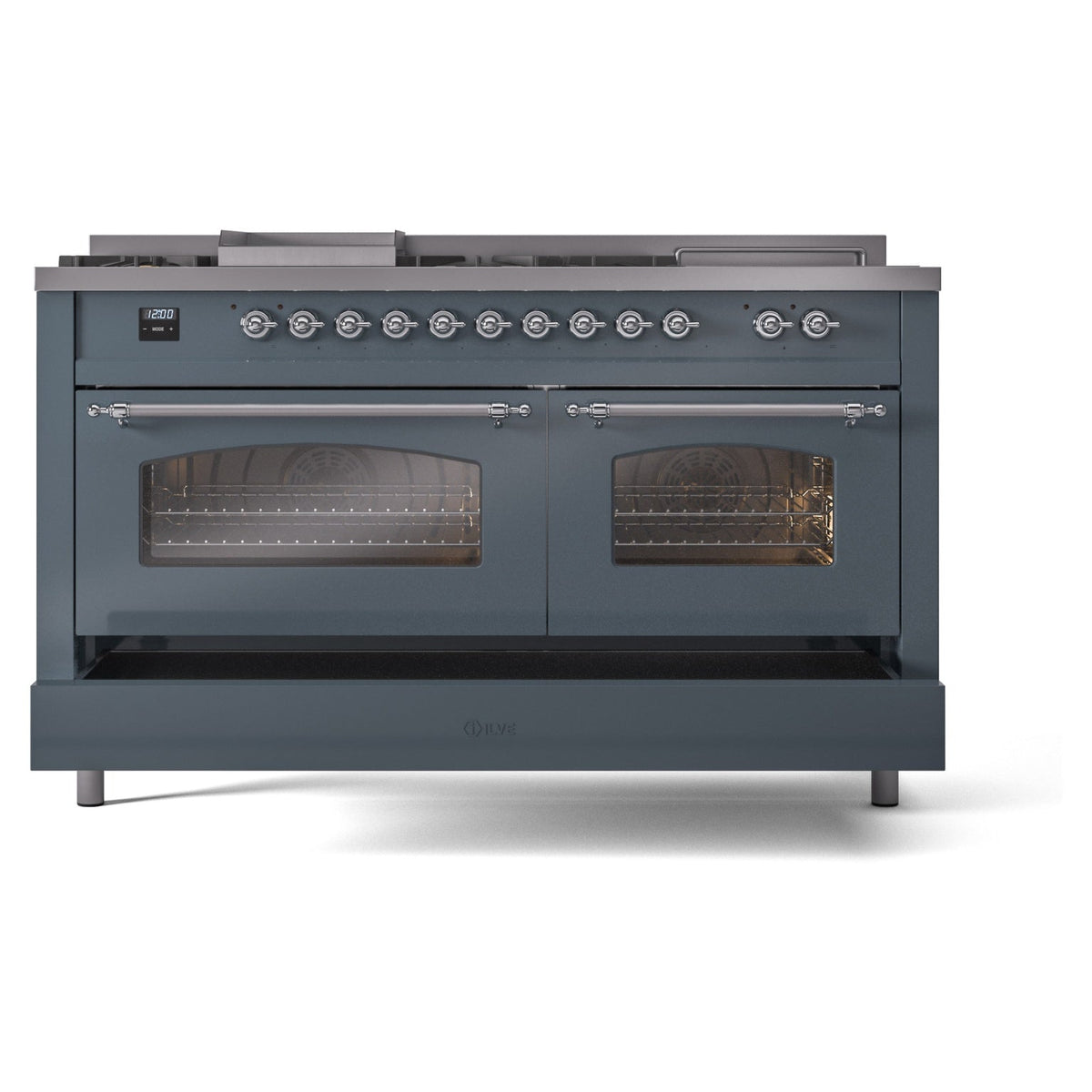 ILVE blue-grey dual fuel range front with two glass oven doors and chrome handle bars