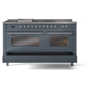 ILVE Nostalgie II 60-Inch Natural Gas Dual Fuel Range with 7 Burners, Griddle, & French Top with Triple Glass Door Oven in Blue Grey with Chrome Trim (UP60FSNMPBGC)
