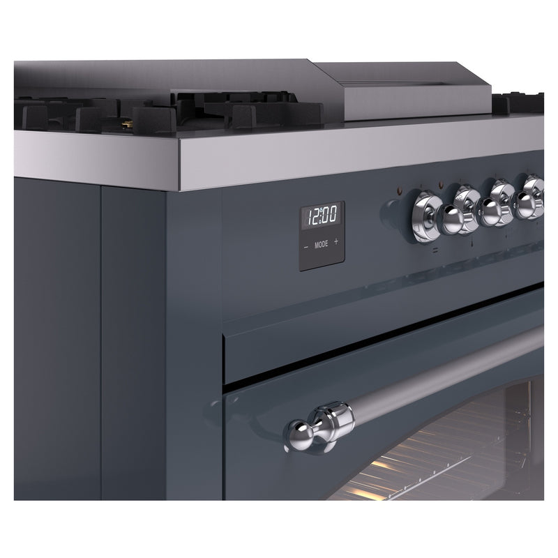 ILVE Nostalgie II 60-Inch Dual Fuel Range with 7 Burners, Griddle, & French Top with Triple Glass Door Oven in Blue Grey with Chrome Trim (UP60FSNMPBGC)