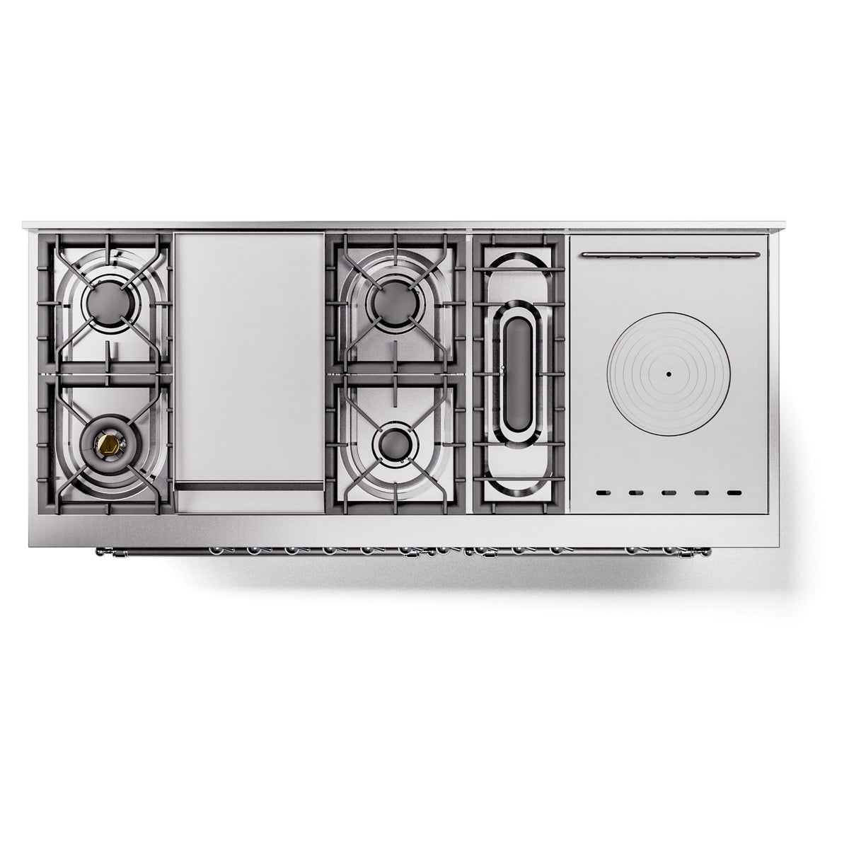 Open cooktop view inside burner grates and plumbing for dual fuel range