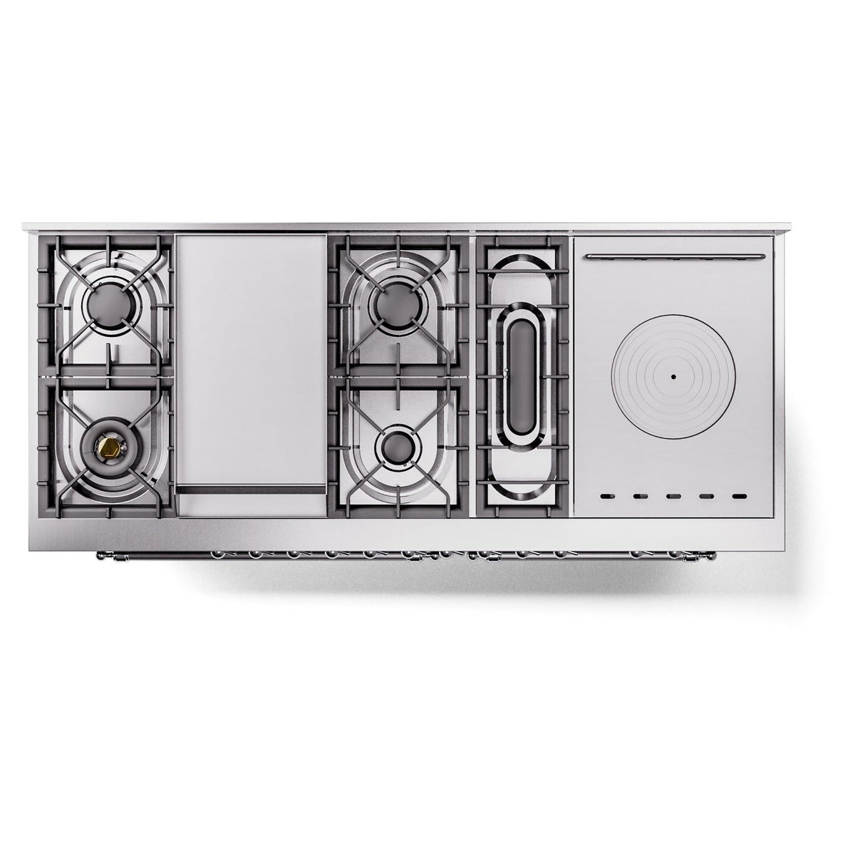 ILVE dual fuel range French-top cutaway showing burner grates and valve layout