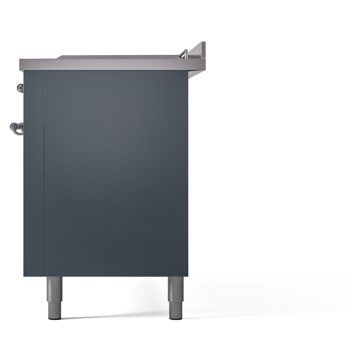 ILVE blue-grey range end view with side hardware and four leveling feet