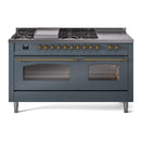 ILVE Nostalgie II 60-Inch Natural Gas Dual Fuel Range with 7 Burners, Griddle, & French Top with Triple Glass Door Oven in Blue Grey with Brass Trim (UP60FSNMPBGG)