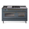 ILVE Nostalgie II 60-Inch Natural Gas Dual Fuel Range with 7 Burners, Griddle, & French Top with Triple Glass Door Oven in Blue Grey with Brass Trim (UP60FSNMPBGG)