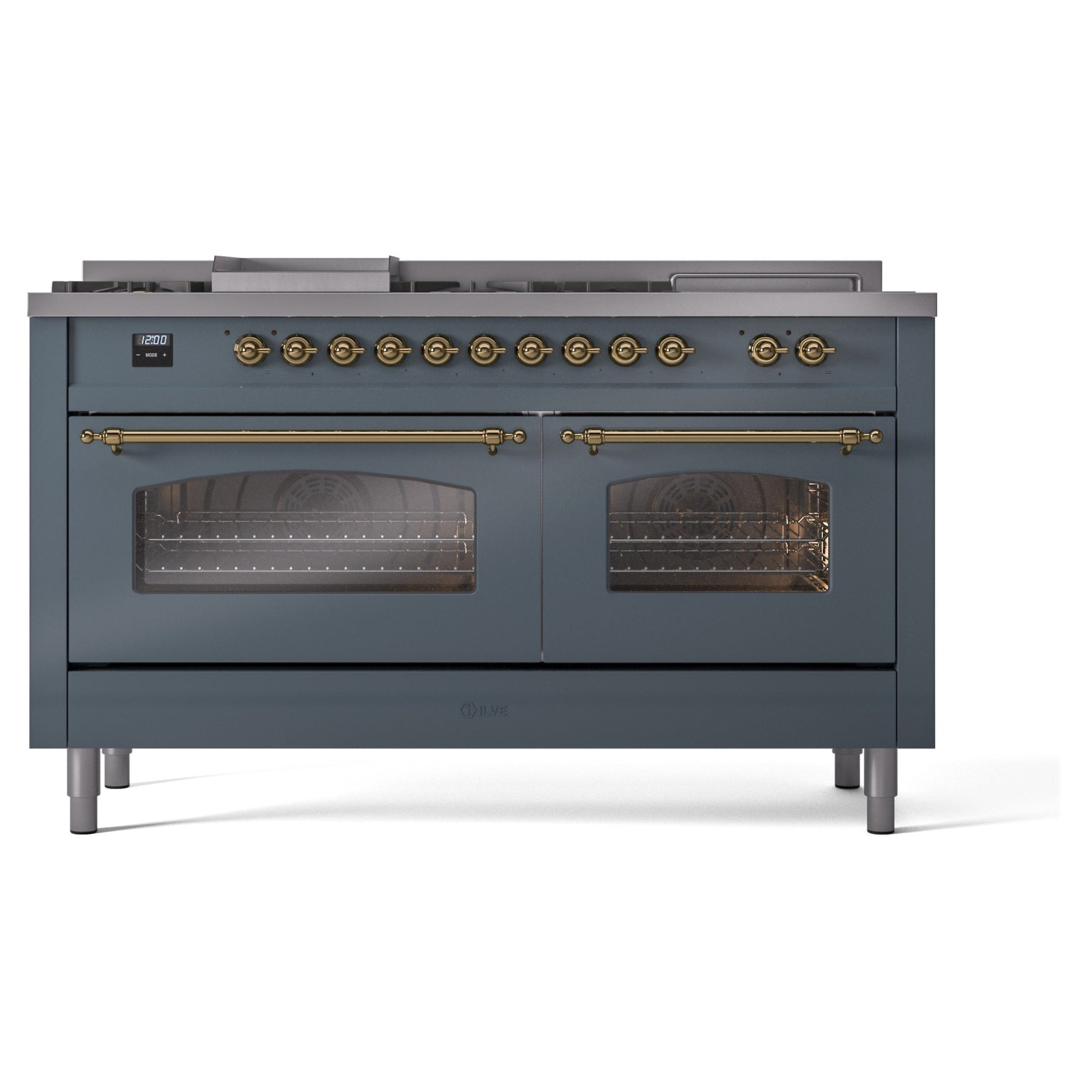 Blue grey dual fuel range with brass knobs and two visible oven window doors