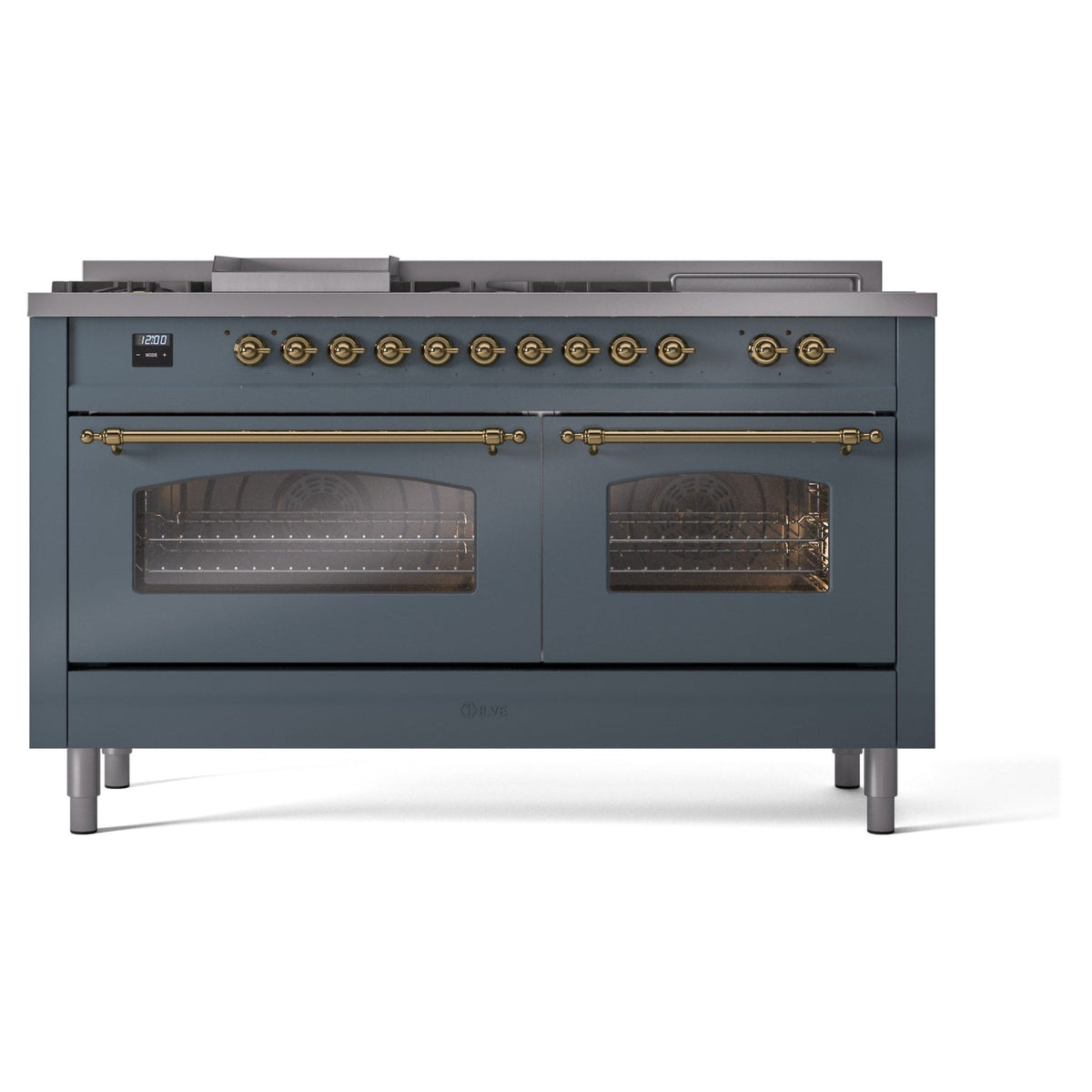 Blue grey dual fuel range front with brass controls and two ovens with glass doors