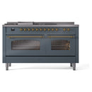 ILVE Nostalgie II 60-Inch Natural Gas Dual Fuel Range with 7 Burners, Griddle, & French Top with Triple Glass Door Oven in Blue Grey with Brass Trim (UP60FSNMPBGG)