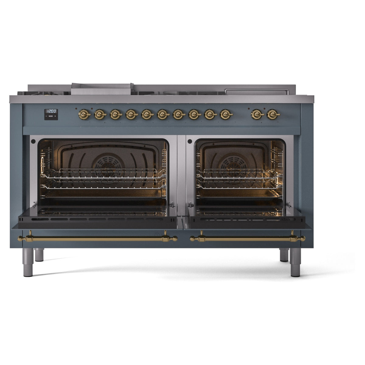 Blue grey dual fuel range with brass controls and two open oven doors with racks