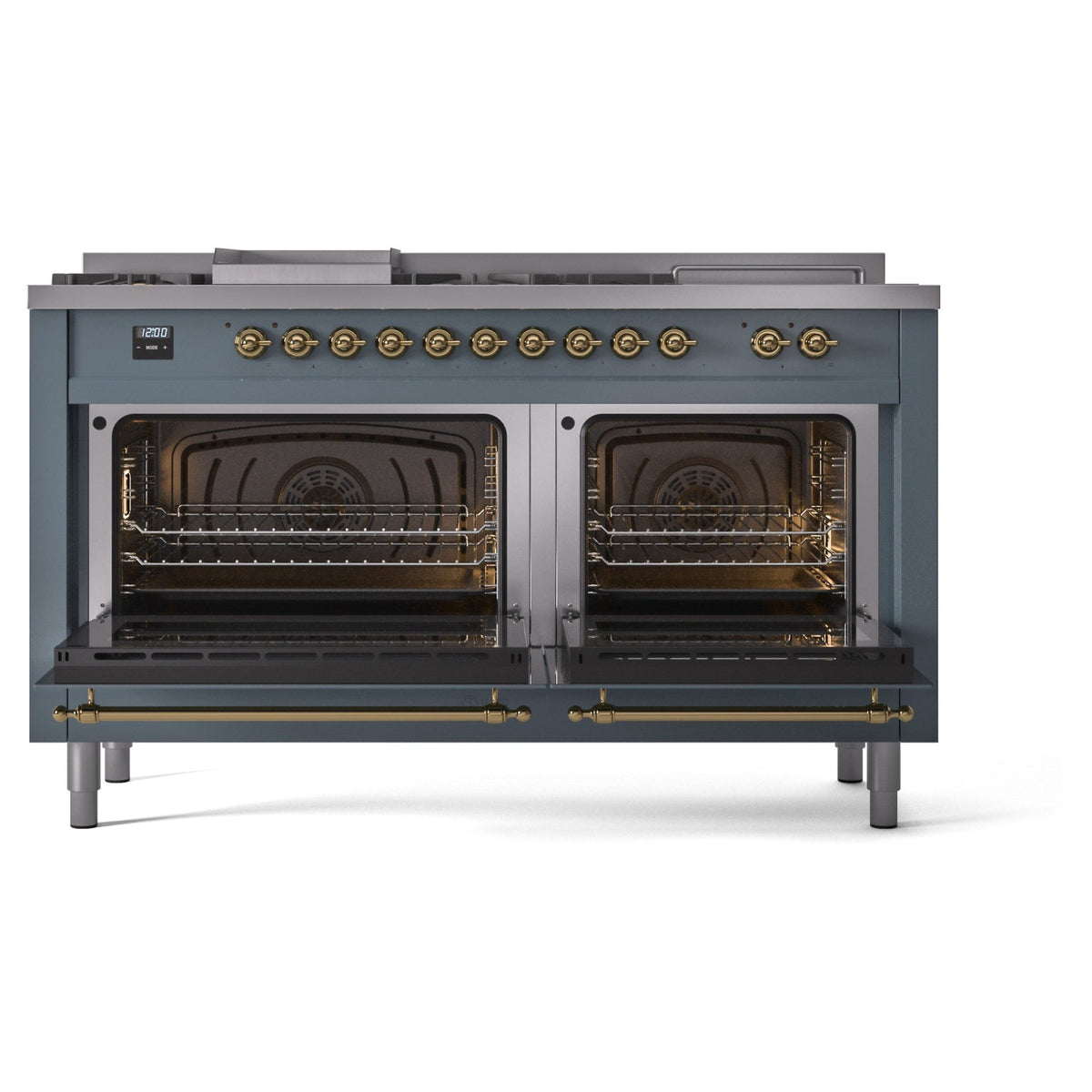 Blue grey dual fuel range with both oven doors open, showing racks and heating elements